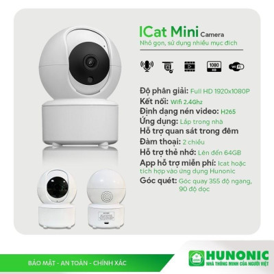 Camera Wifi Hunonic Icat 1080P Xoay 360 Độ, Theo Dõi Chuyển Động, Đàm Thoại 2 Chiều - Hàng Chính Hãng, Bảo Hành 1 Đổi 1.