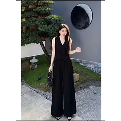 { Tách lẻ sản phẩm} Set áo ghile nữ chất linen loại 1, quần ống rộng hách dáng tôn da màu Đen Bv10
