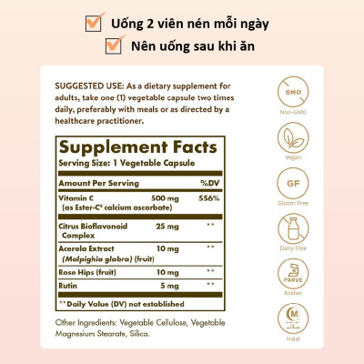 NHẬP KHẨU USA CHÍNH HÃNG - Viên Uống Solgar Ester-C® Plus -Vitamin C Thế Hệ Mới, Không Kích Ứng Dạ Dày, Hấp Thu Nhanh [50 viên]