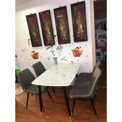 Bộ bàn ăn chân trụ 1m4 + 4 ghế Loft trám mặt bàn đá ceramic  Thương hiệu Nội Thất Bình Long 