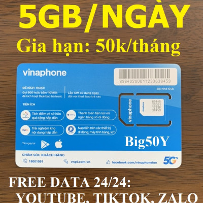 Sim 4G Vinaphone 5GB/NGÀY (Gia hạn 50k/tháng) FREE Toàn bộ Data xem Youtube, Tiktok với tốc độ cao, MAX băng thông, Max dung lượng - Dùng Toàn Quốc - hàng chính hãng