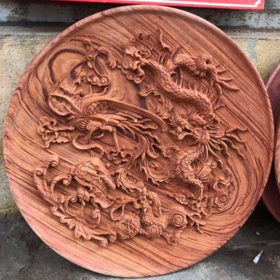 Đĩa trang trí phong thủy trạm khắc tứ linh bằng gỗ hương đá mặt rộng 40×4cm