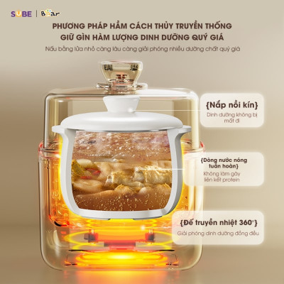 Nồi Chưng Yến, Nồi Tiềm Thuốc Bắc, Nồi Nấu Chậm BEAR SUBE001 Kèm Lồng Hấp Dung Tích 0.8 Lít, Công Suất 200 W - Hàng Chính Hãng