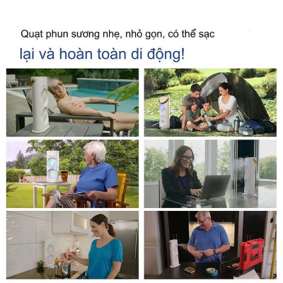 Quạt Hơi Nước Có Tích Điện, Quạt Phun Sương Mini 4 cánh, Quạt Để Bàn 2 Tầng Có Đèn Led, remote Tiện Lợi - Hàng Chính Hãng Double ended Spray Fan, Máy tạo ẩm