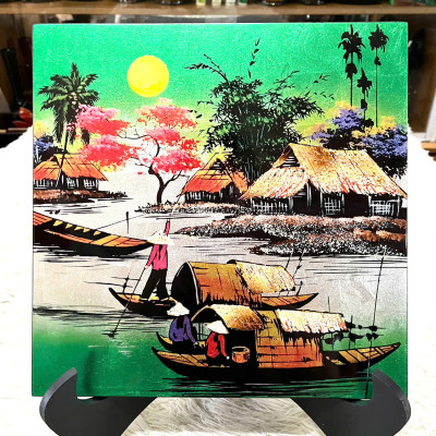 Tranh sơn mài đồng quê vẽ vàng, hàng xuất khẩu 30x30 cm