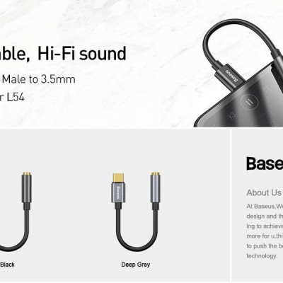 Đầu chuyển Type C sang Audio AUX 3.5mm Baseus L54 (Type-C Male to 3.5mm Female Adapter, built-in DAC, 24-bit/48kHz)-Hàng Chính Hãng