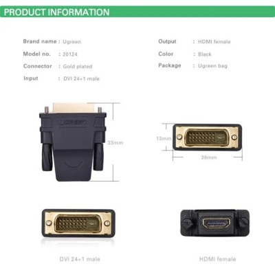 Ugreen UG2012420124TK Màu Đen Đầu chuyển đổi DVI 24 + 1 sang HDMI âm - HÀNG CHÍNH HÃNG
