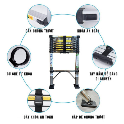 Thang Nikita  inox rút đơn 3,2 m tiện cất gọn, di chuyển, chống trượt an toàn, tải trọng đến 150kg