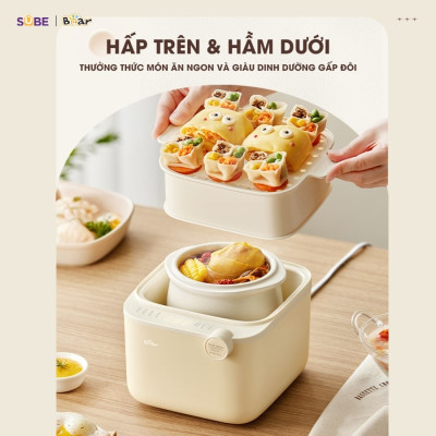 Nồi Chưng Yến, Nồi Tiềm Thuốc Bắc, Nồi Nấu Chậm BEAR SUBE001 Kèm Lồng Hấp Dung Tích 0.8 Lít, Công Suất 200 W - Hàng Chính Hãng