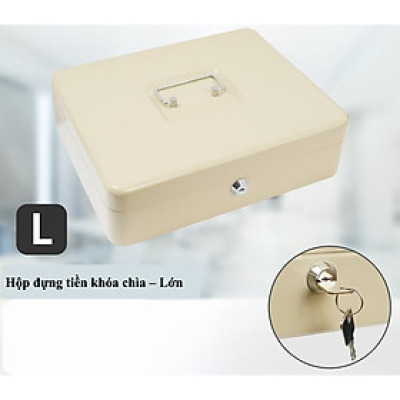 Hộp két sắt chữ nhật đựng tiền mặt và đồ vật nhỏ có giá trị với khóa chìa an toàn - Màu be - Size L