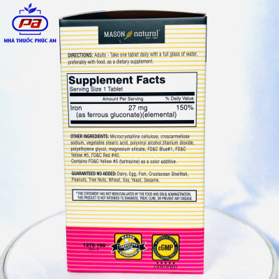 Viên uống sắt cho bà bầu MASON NATURAL Ferrouse Gluconate Mỹ 50 - 100 viên giúp bổ máu tăng sức đề kháng