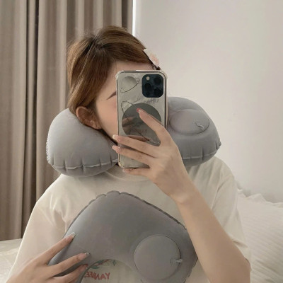Gối hơi kê cổ bơm tự động, mềm mại, thiết kế hình chữ U giúp giảm đau cổ, có nút cài, phù hợp cho văn phòng và du lịch  Phượt Dã Ngoại Đi Chơi Quà Tặng Nam Nữ