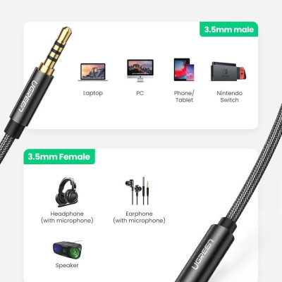 Ugreen UG60845AV118TK 0.5M màu đen 3.5mm 3 ngấn nối dài Cáp âm thanh dây bện nylon 50cm hỗ trợ micro - HÀNG CHÍNH HÃNG