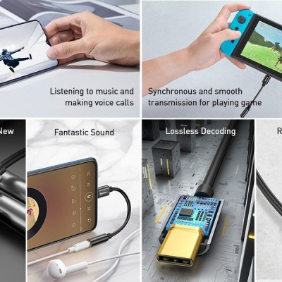 Đầu chuyển Type C sang Audio AUX 3.5mm Baseus L54 (Type-C Male to 3.5mm Female Adapter, built-in DAC, 24-bit/48kHz)-Hàng Chính Hãng