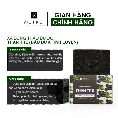 Cục Xà Bông Thảo Dược Than Tre VIETKET 100g - Làm Sạch, Giảm Mụn Lưng, Sáng Da, Duy Trì Độ Ẩm, Hương Thơm Thảo Dược