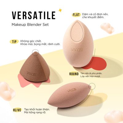 Set 3 bông phấn đa diện VACOSI VERSATILE MAKEUP BLENDER - BP42