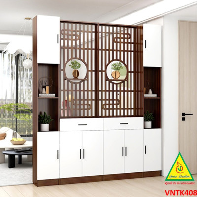 Vách ngăn phòng khách, vách ngăn tủ kệ bằng gỗ VNTK408- Nội thất lắp ráp Viendong Adv