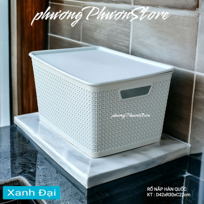 Combo 2 giỏ nhựa đan giả mây đựng đồ kiểu Hàn Quốc có nắp size đại