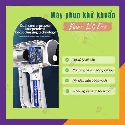Máy Phun Khử Khuẩn Nano K5 PRO Hoàng Gia Công Suất Lớn Không Dây Cầm Tay - HÀNG CHÍNH HÃNG - Pin siêu bền 2 Chế Độ Phun Với Chùm 8 Đèn Led UV Khử Trùng Sạch Vi Khuẩn - Thiết Kế Nhỏ Gọn - Dạng Sạc Pin Di Động, Dễ Dùng 