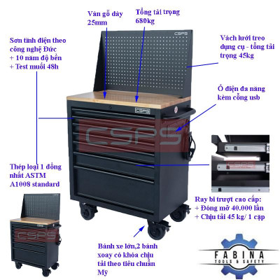 Tủ dụng cụ 7 ngăn kéo , mặt ván gỗ màu đen mờ 76cm kèm vách lưới CSPS