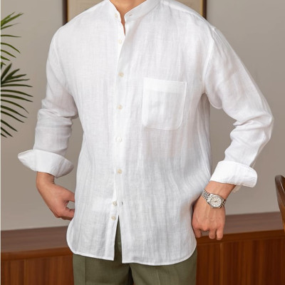 Áo sơ mi Linen dài tay nam cao cấp thiết kế cổ trụ phối cúc 1 túi ngực vải thoáng mát không bai gião MS05