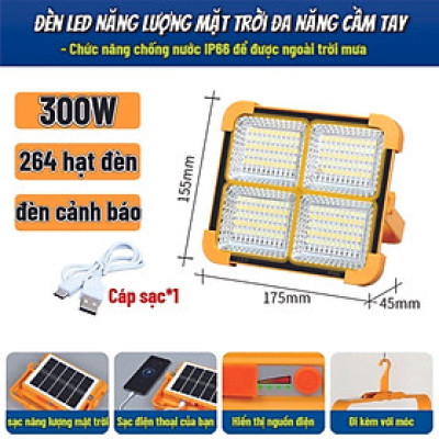 Đèn Năng Lượng Mặt Trời Đa Năng Cầm Tay 300W, Đèn LED Tích Điện Cầm Tay Chống Nước IP66, 5 Chế Sáng, Có Đèn Cảnh Báo