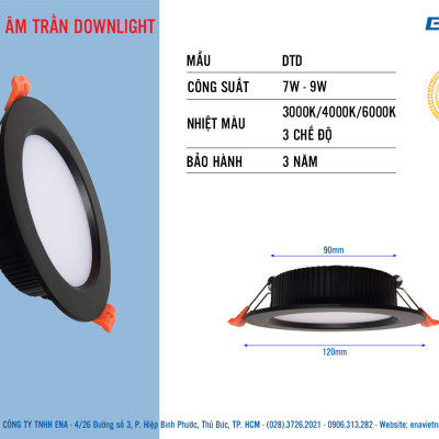Bộ Đèn LED ENA âm trần downlight DTD công suất 7w 9w 12w vỏ đen