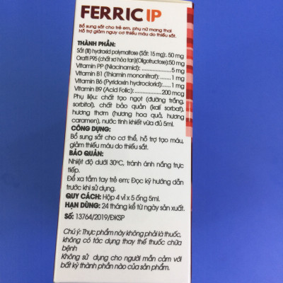 THỰC PHẨM CHỨC NĂNG BỔ SUNG SẮT CHO CƠ THỂ HỖ TRỢ TẠO MÁU, GIẢM THIẾU MÁU DO THIẾU SẮT FERRIC IP 50MG HỘP 20 ỐNG 
