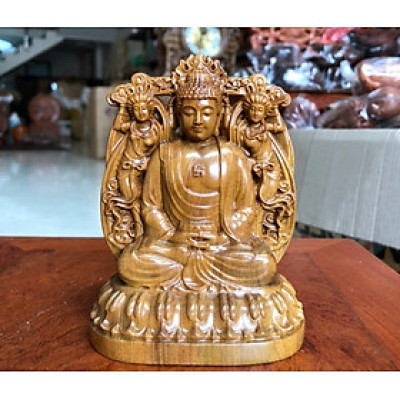 Tượng phật bản mệnh ,tượng phật a di đà (tuổi tuất ,tuổi hợi) bằng gỗ bách xanh thơm nức kt 12×9×6cm