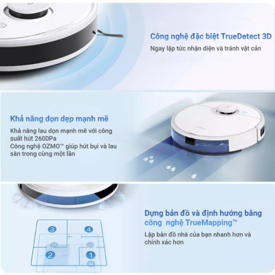 Robot Hút Bụi Lau Nhà Ecovacs T30S Pro Xòe Giẻ, Giảm Rối Tóc Lực Hút 11.000 Pa - Hàng Chính Hãng