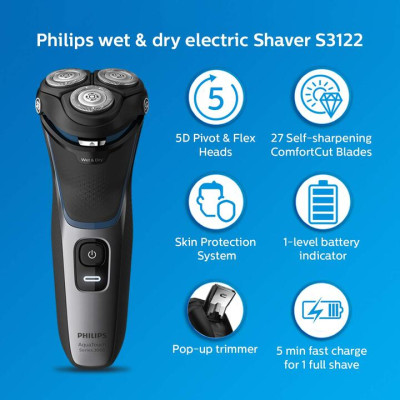 Máy cạo râu khô và ướt Philips AquaTouch S3122/51 - Hệ thống lưỡi cạo ComfortCut - Hàng Nhập Khẩu