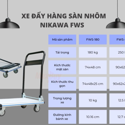 Xe đẩy hàng 4 bánh chống ồn Nikawa FWS-180 sàn nhôm tay cầm thép gấp mở tiện lợi tải trọng 180kg