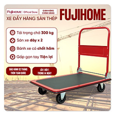 Xe đẩy hàng 4 bánh gấp gọn sàn thép FUJIHOME HT-430- bánh xe cao su TPR không ồn có chốt hãm