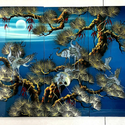 Bộ Tranh sơn mài 4 tấm -TÙNG HẠC DIÊN NIÊN - khảm cừ size 50x80 cm - Ý Nghĩa Phong Thủy