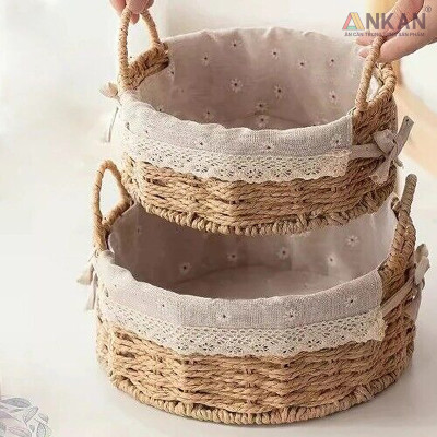 Giỏ Picnic Hình Tròn Có Quai – Đan Tay Thủ Công, Lót Vải Hoa Vintage, Giỏ Đựng Đồ Trang Trí Xinh Xắn