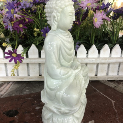 Tượng Phật Thích Ca Mâu Ni ngồi đài sen đá trắng xanh - Cao 20 cm