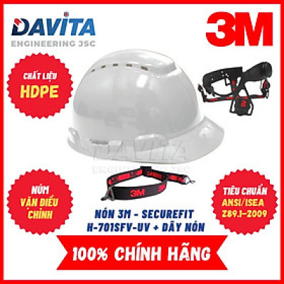 Nón bảo hộ màu trắng mẫu cải tiến 3M SecureFit H-701SFV-UV, đã gồm dây quai nón 1990