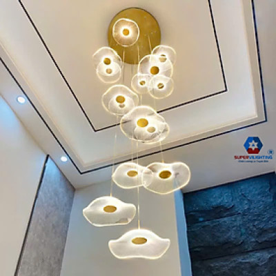 Đèn chùm thông tầng lá sen SuperVilighting trang trí phòng khách cầu thang kiểu đèn chùm thả trần