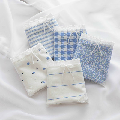 Combo 5 quần lót nữ cotton dễ thương Freesize kẻ xanh da trời (giao màu ngẫu nhiên)