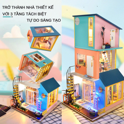 Mô hình nhà búp bê lắp ghép bằng gỗ Mẫu Biệt Thự 3 Tầng Sáng Tạo tặng kèm Cót Nhạc ,dụng cụ lắp ghép, keo silicon