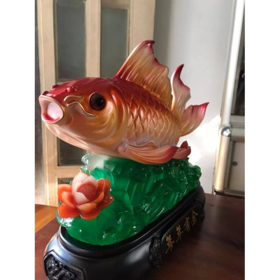 Tượng Cá Chép Đỏ Vẫy Đuôi Phong Thủy mới lớn đế hoa Size Dài 43cm Cao 32cm Sâu 15cm mệnh hỏa thổ ý nghĩa Anh Chị trưng tượng phòng khách ở nhà công ty ý nghĩa có cá có tiền ạ