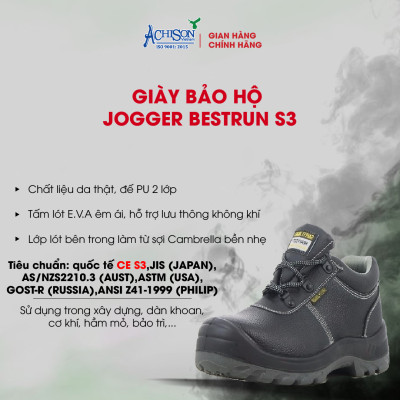 Giày Bảo Hộ Lao Động Safety Jogger Nam Và Nữ Bestrun S3 Màu Đen, Da Thật, Mũi Thép, Lớp Lót Thép