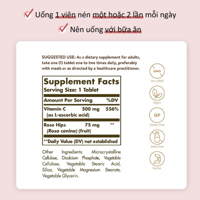 NHẬP KHẨU USA CHÍNH HÃNG - Viên uống bổ sung Vitamin C, tăng sức đề kháng, chống oxy hóa  Solgar Vitamin C 500 mg với Dầu Tầm xuân Rose Hips 