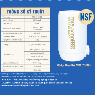 Máy lọc nước tại vòi Nhật Bản Torayvino MK206-2000B - Uống trực tiếp tại vòi - 2000L - Hàng chính hãng