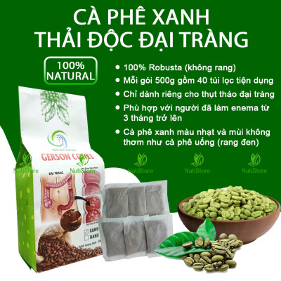 Cà phê xanh thải độc đại tràng (không rang), cà phê Robusta, cà phê enema mỗi gói 500g gồm 40 túi lọc tiện dụng