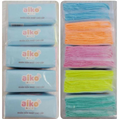 Bịch 10 Khăn sữa Cotton viền màu 4 lớp an toàn cho trẻ sơ sinh Aiko (Hàng Việt Nam xuất Nhật) - Kích thước 27cm x 25cm