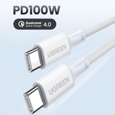Ugreen UG15267US557TK 1M 100W c-c hỗ trợ QC4.0 5A Cáp sạc nhanh - truyền dữ liệu 2 đầu USB-C dây nhựa Màu Trắng - HÀNG CHÍNH HÃNG