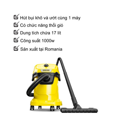 Máy hút bụi đa năng khô và ướt WD 3 V Car dành cho Karcher - Công suất 1000W - Dùng cho gia đình và ô tô - Hàng Chính Hãng