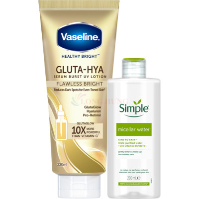 Combo Sữa dưỡng thể Vaseline Gluta-Hya Serum Burst UV Lotion Flawless Bright (330ml) + Nước tẩy trang Simple Micellar Water (200ml) - Hàng chính hãng