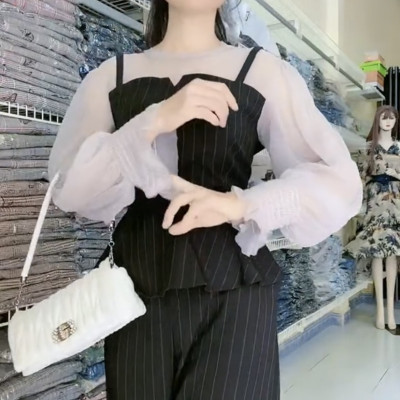 Set áo yếm và quần kẻ sọc Myqlothing cao cấp.